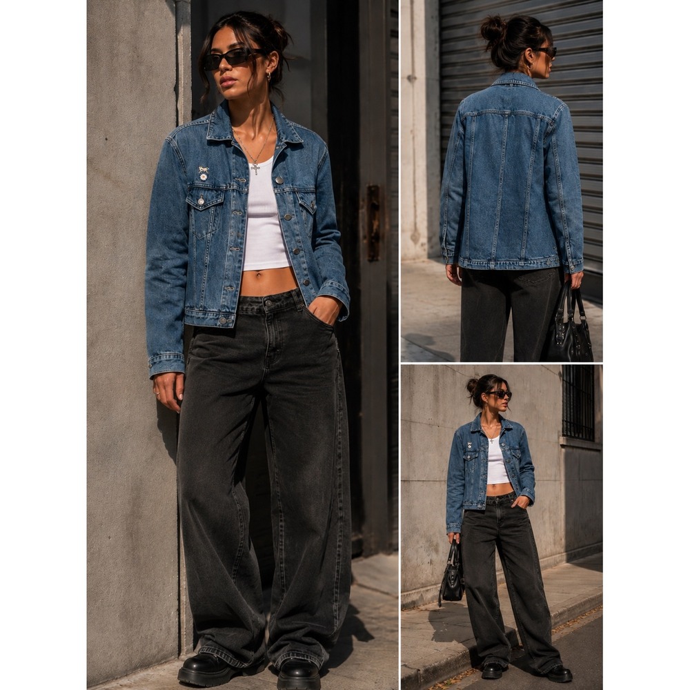 Longline Blue Denim Jacket 100 Cotton Relaxed Fit Medium Wash Button Front